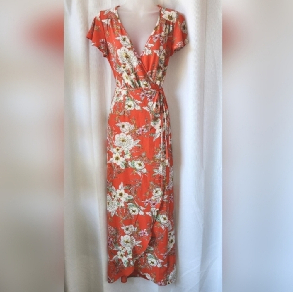 NWT Superfoxx Orange Floral Short Sleeve Wrap Maxi Dress Size XS